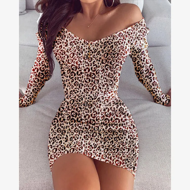 

Leopard Print V-Neck Dress summer 2020 Women spring Holiday Beach Bodycon Dress Office Elegant Ladies off shoulder Mini Dress