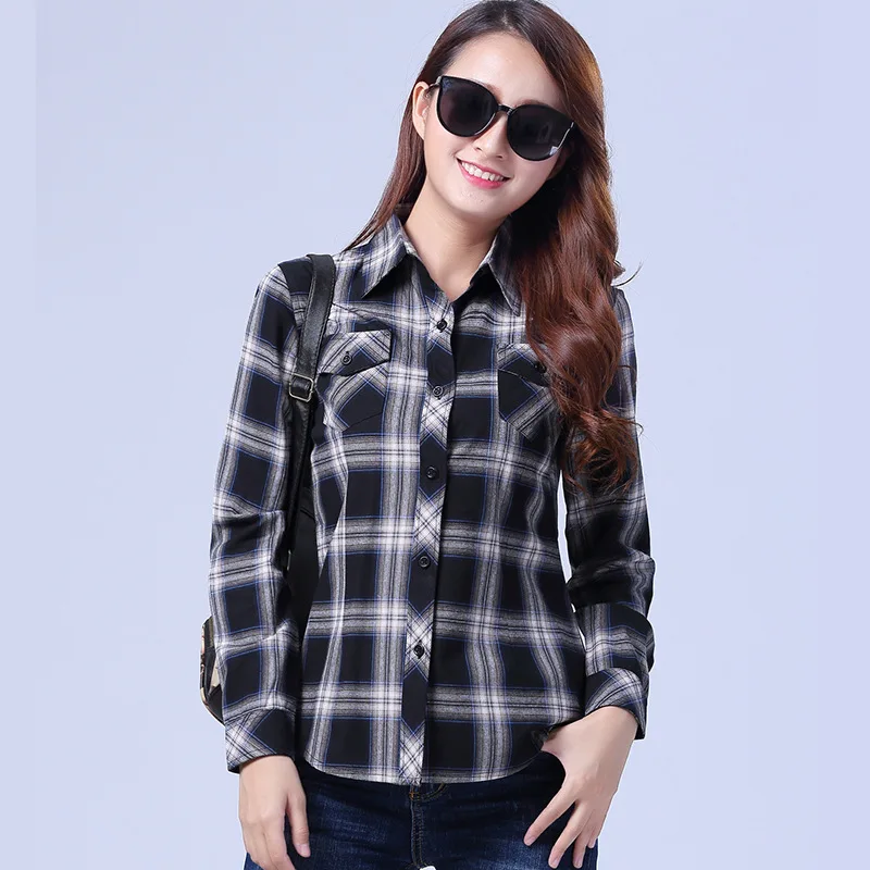 Блузка женская в клетку модная повседневная Фланелевая рубашка с лацканами и