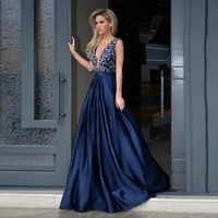 royal blue satin prom dress sexy v neck backless a line evening dress with beading formal long gowns abiti da cerimonia da sera