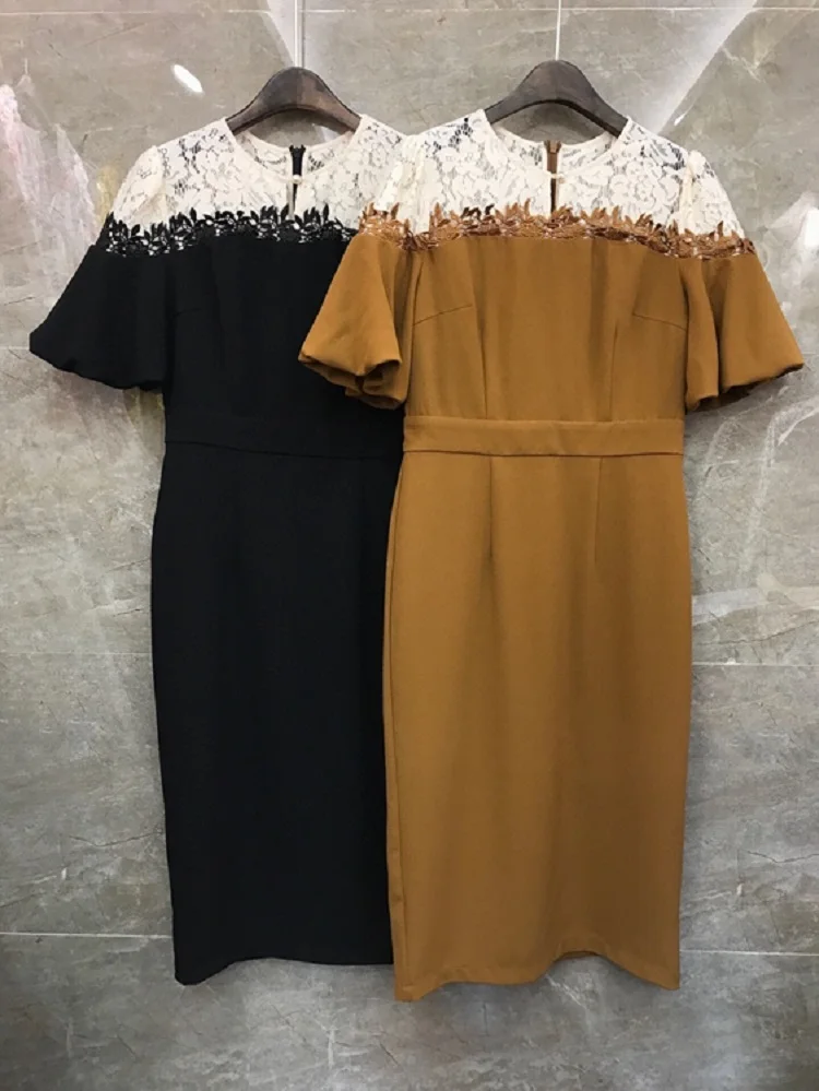 

Quality Linen High Dress 2021 Spring Summer Designer Women O-Neck Hollow Out Lace Patchwork Puff Sleeve Midi Bodycon Dress XL