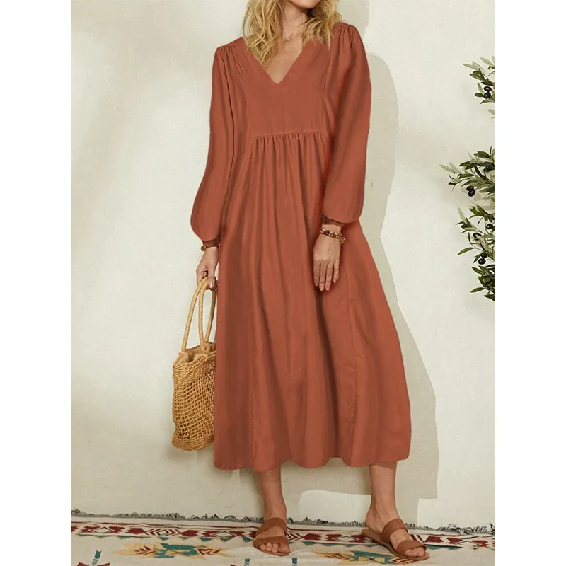 

Spring and Autumn Temperament Women's Solid Color V-neck Cotton Lantern Long Sleeve Elastic High Waist Loose Big Hem Long Dress
