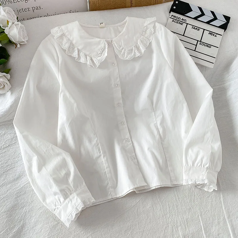 

EBAIHUI Shirt Women Peter Pan Collar White Lace Elegant France Style Lovely Daily Streetwear Fashion Blouses Sweet Loose Clothes