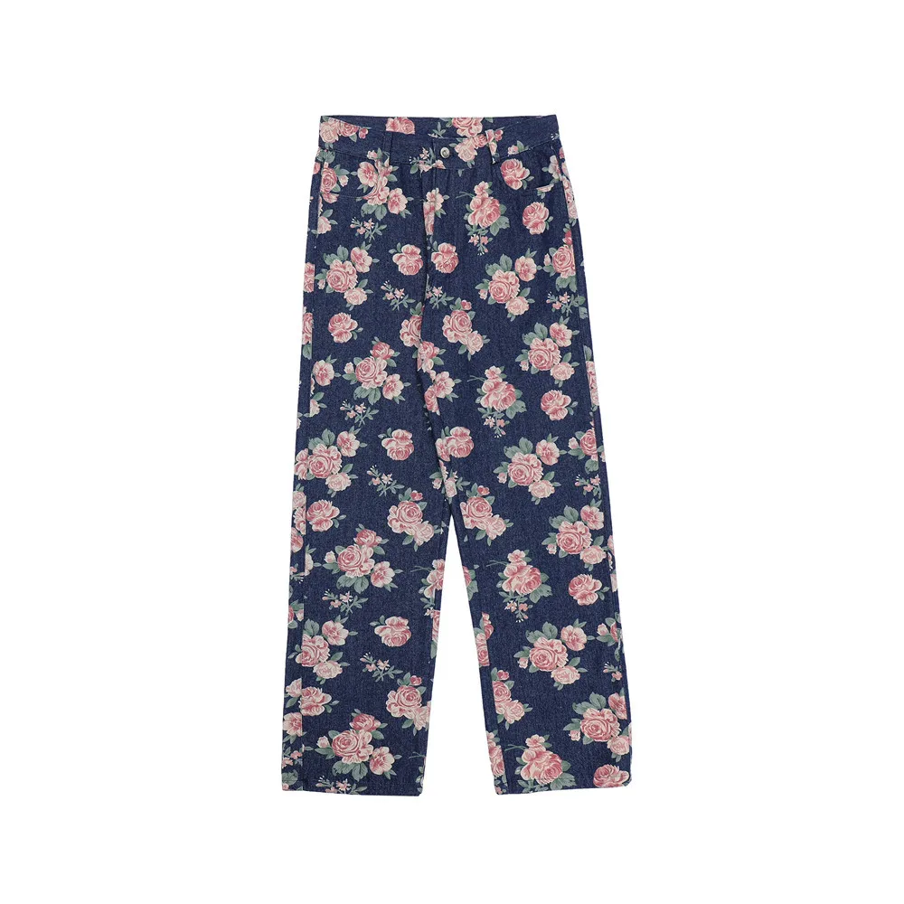 Stylish Rose Flower Full Print Vintage Men Casual Baggy Jeans Trousers Hip Hop Washed Women Denim Pants Elegant Pantalon Homme