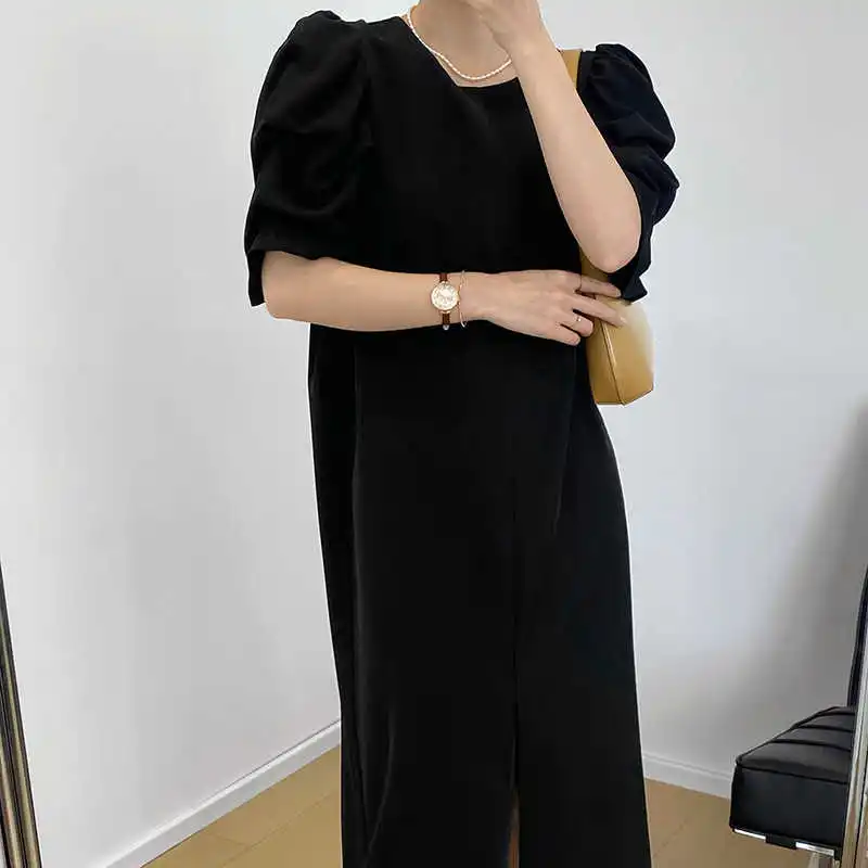 

COZOK Korean Elegant Solid Color Gentle Wind Dress Women's 2021 Summer Bubble Sleeve Split Length Skirt 796
