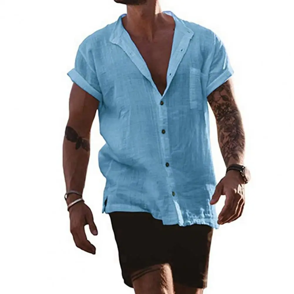 

Hot Men Shirt Solid Color V Neck Summer Men Fashion Short Sleeve Beach Shirts Plus Size Breathable Casual Men's Shirt