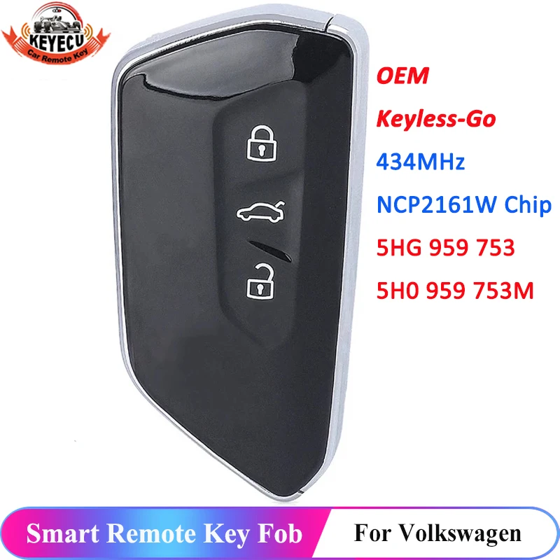 

KEYECU Original Keyless Go Smart Remtoe Key Fob 3 Button 434MHz NCP2161W Chip for Volkswagen VW 2020 5HG 959 753 / 5H0 959 753M