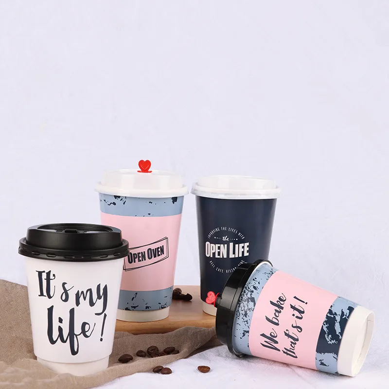 50pcs European style creative disposable coffee cup party favor double layer hollow anti hot drink paper package cup with lid