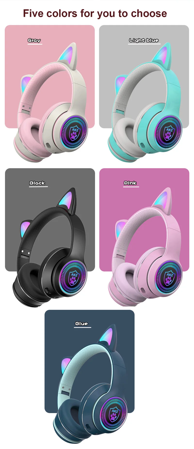 

New RGB Cat Ear Headphone Bluetooth 5.0 Bass Noise Cancelling Headset, For Adult Kid Cute Headset Support TF Card 3.5mm Plug