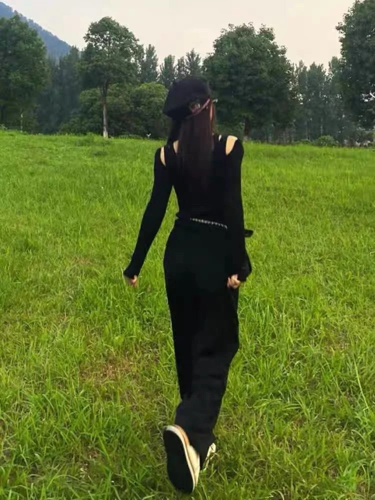 Long Sleeve T-shirt Black Bottomed Shirt Off Shoulder Design Feeling Slim Fit Elastic Knitted Autumn | Женская одежда