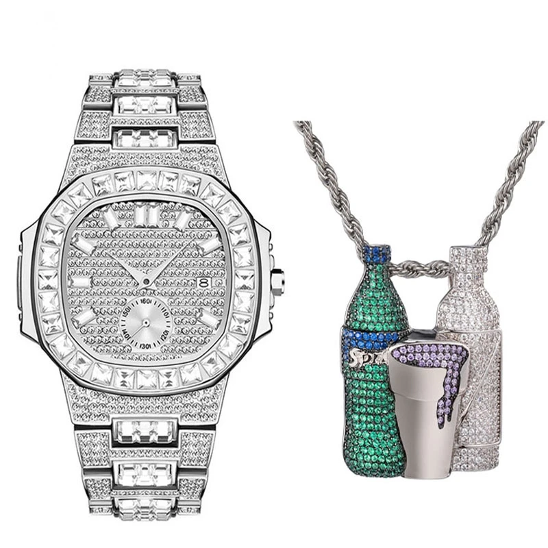 

Hip Hop Bling Iced Out Sprite Bottle Cup Necklaces & Watch Set Crystal Zircon Shiny Wine Bottle Necklace For Men Rapper Jewelry