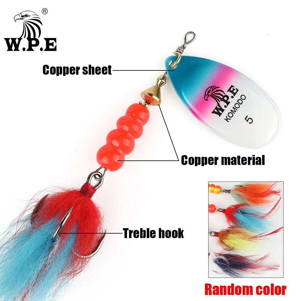 W.P.E KOMODO Spinner Lure 15g/22g 1pcs Hard Bait Spoon Lure Feather Treble Hook Metal Fishing Lure Crankbait Bass Lure Wobblers