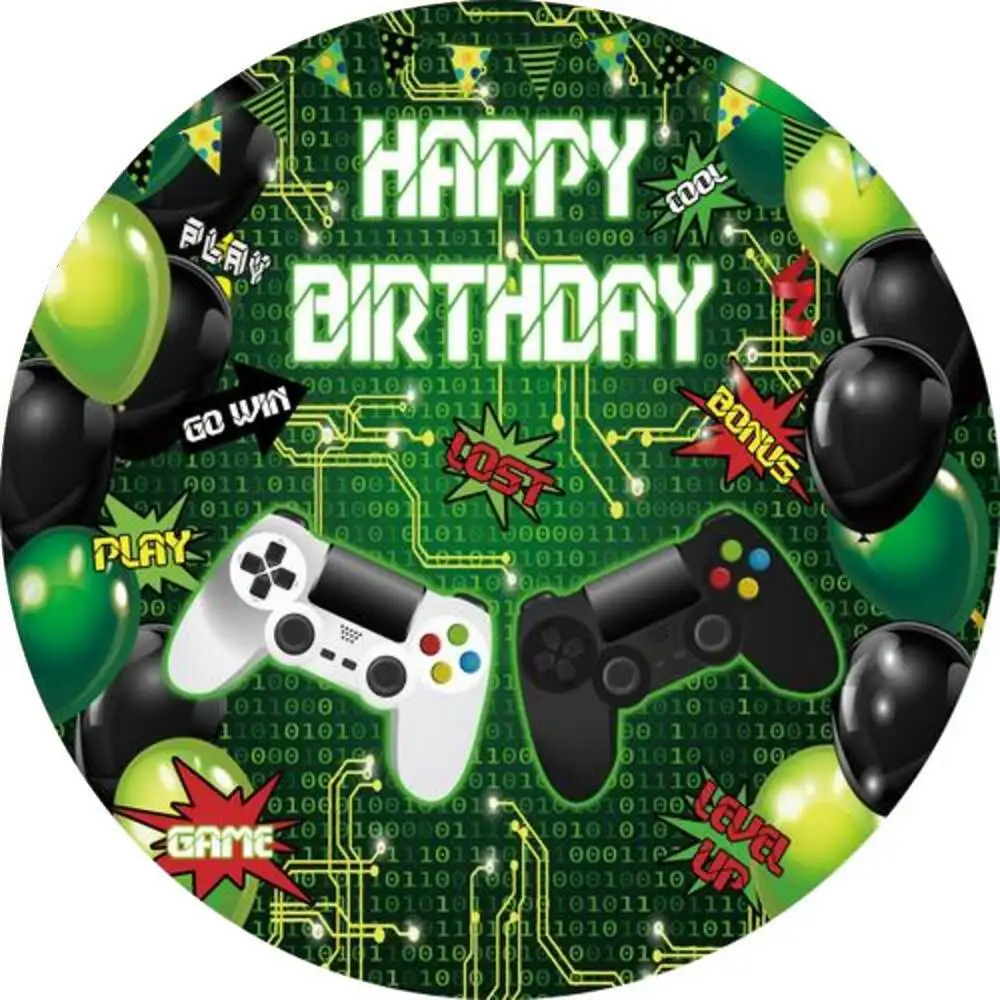

Game on Theme Round Backdrop Covers Happy Birthday Black Green Balloons Boy Party Decor Custom Personalized Background