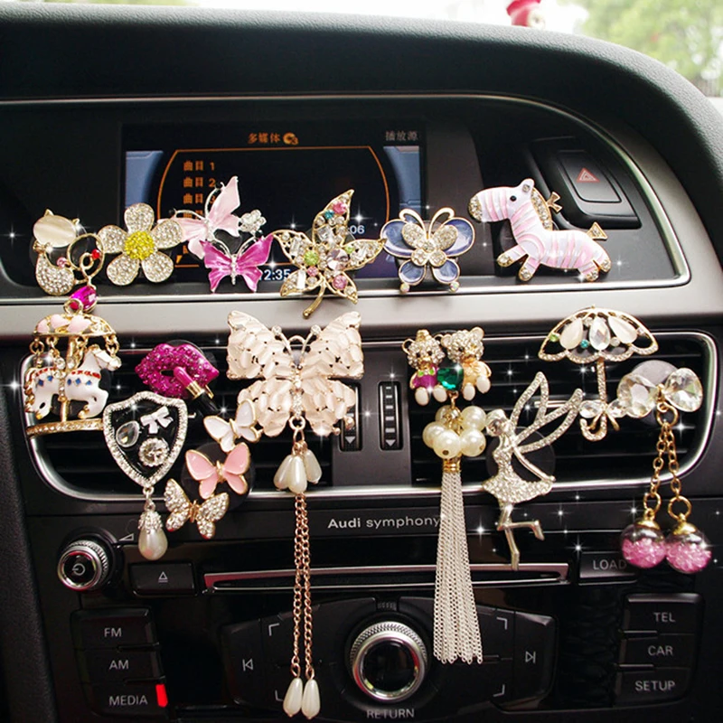 Cute cartoon ballet girl diamond flower car perfume clip air conditioner vent deodorant aromatherapy pearl jewelry for women | Автомобили