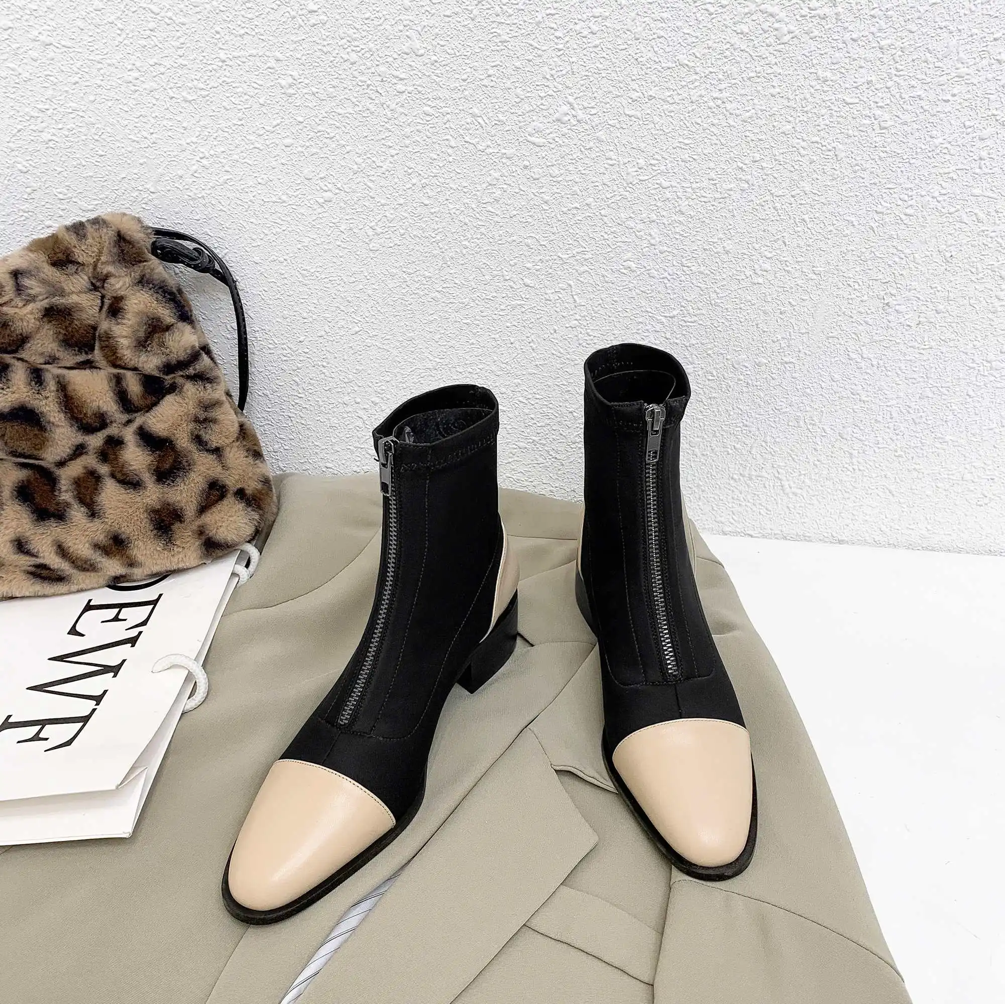 

Lenkisen fashion streetwear cow leather stretch med heels round toe Zipper mixed colors winter keep warm women ankle boots L15