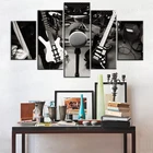5 панелей избирательный фокус музыкальный инструмент микрофон, электрогитара, барабан, бас настенное искусство Черный Белый Холст принты домашний декор