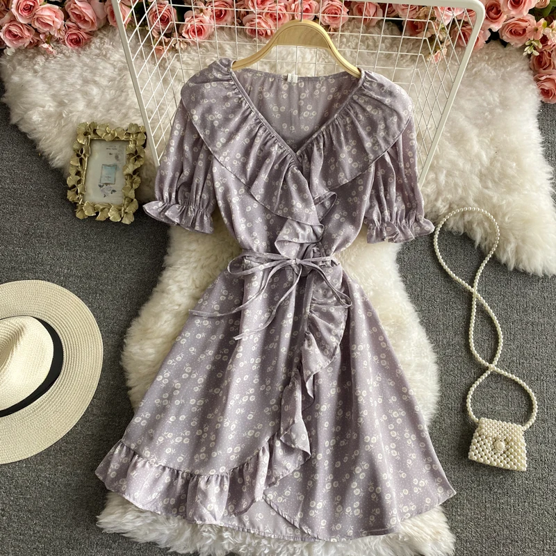 

KUSAHIKI Sweet Ruffle Floral Women Dress Lace Up Slim Waist Korean Vestido 2021 Spring Summer V-neck Short Sleeve Dresses 6F555