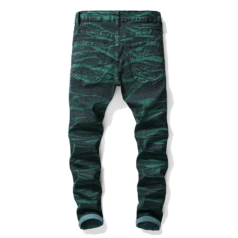 Stylish Hole Ripped Tie Dye Vintage Men Pencil Jeans Trousers Streetwear Kanye West Cotton Retro Green Punk Denim Pants Spodnie
