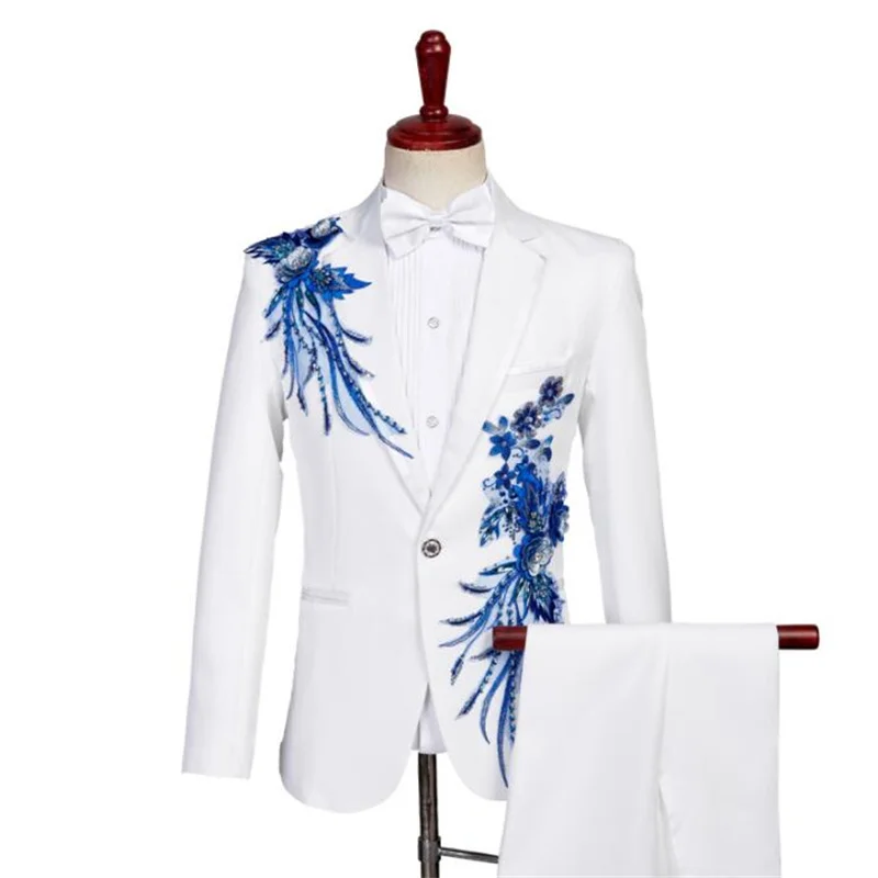 

Sequin chorus host blazer men groom suit set with pants mens wedding suits costume singer star style dance stage clothing white
