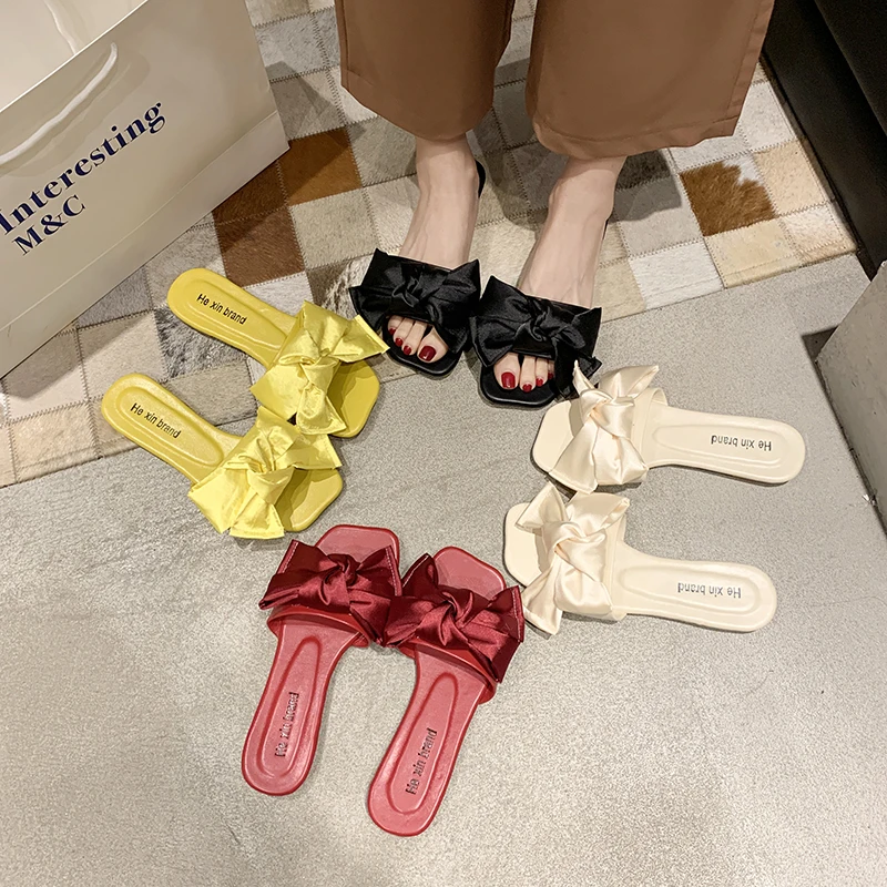 Корейские модные атласные тапочки с большим бантом женская обувь уличные