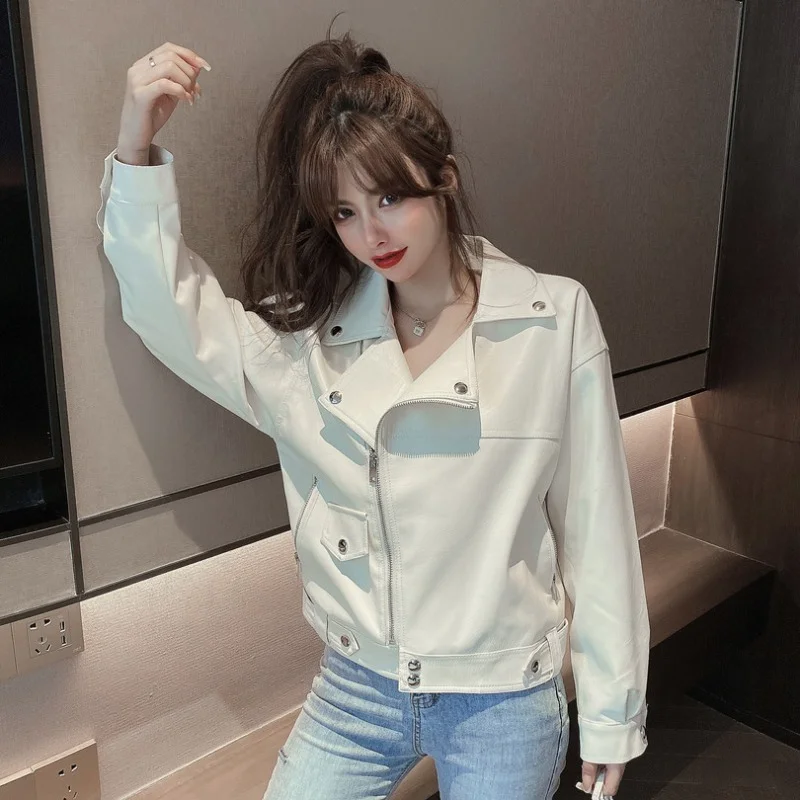 

2021 New Autumn/winter Ladies Loose Design Motorcycle Zipper Jacket Women's Coat Short Long Sleeves PU Coat Stylish Top