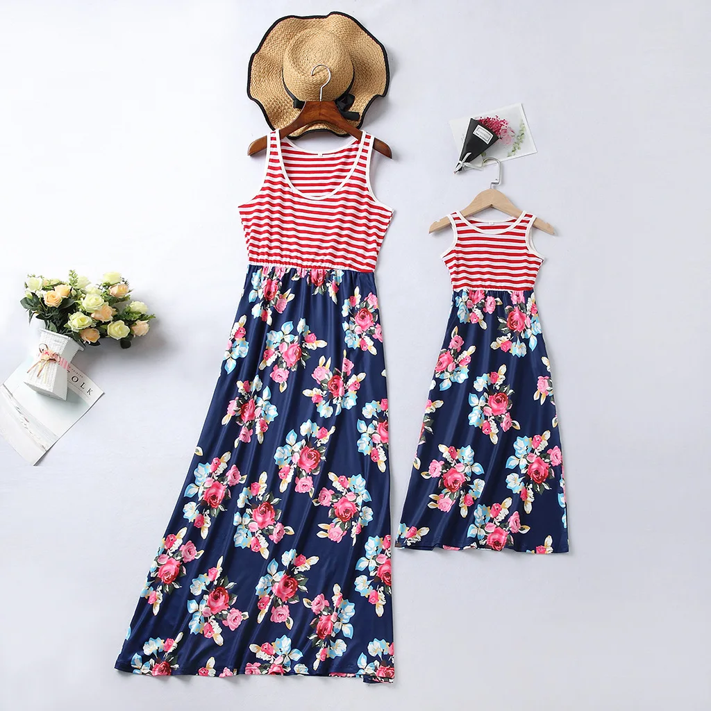 

New Arrival Parent-Child Outfits Mommy and Daughter Dresses Jumper Skirt Patchwork Floral Print One-Piece Long Beachwear