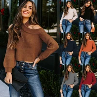 2021 autumn and winter cross border new commuter ol plus size sexy off the shoulder solid color slim fit knit sweater for women