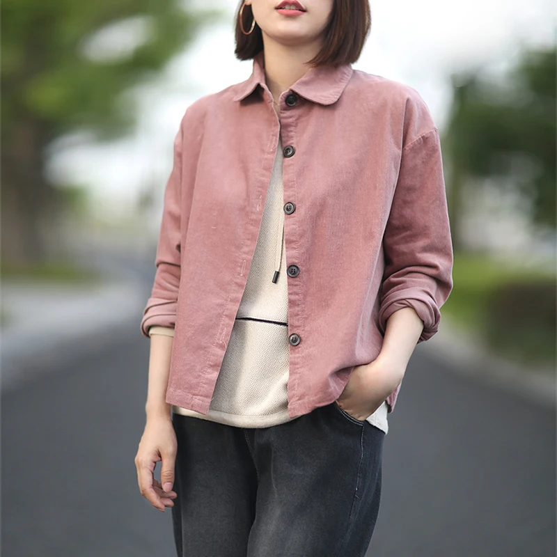 Женское винтажное пальто Johnature однотонное короткое вельветовое с отложным