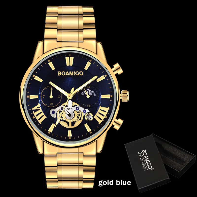 F933A gold blue box BOAMIGO, мужские часы, Лидирующий бренд, Роскошные, водонепроницаемые, под платье, кварцевые, деловые, мужские часы, часы, повседневные, механические, турбийон, спортивные часы - Цвет: F933A gold blue box