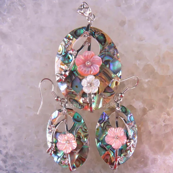 

Flower Jewelry Sets Natural Blue New Zealand Abalone Shell Necklace Pendant Earrings For Women 1 Set K1330