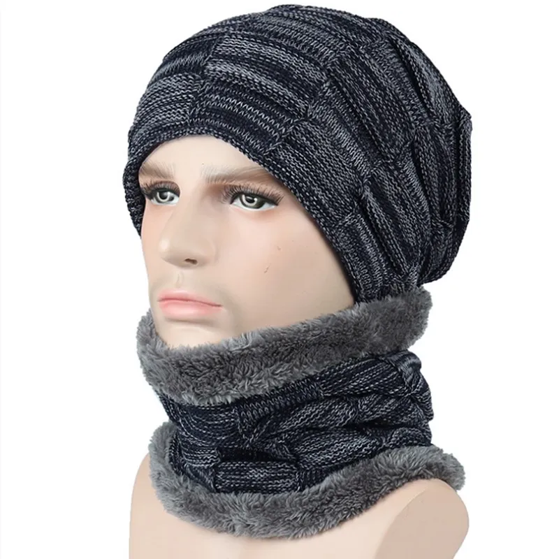Navy Blue Новейшая Мужская теплая шапка бини, Повседневная вязаная шапка, модная теплая зимняя шапка для мужчин, уличная шапка Skullies Beanies, теплая флисовая шапка - Цвет: Navy Blue