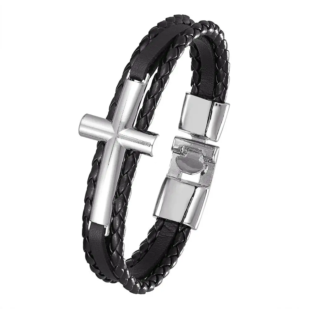 

Lucky Vintage Leather Bracelet Men's Cross Charm Multilayer Woven Woman Pulseira Masculina 7.87 "