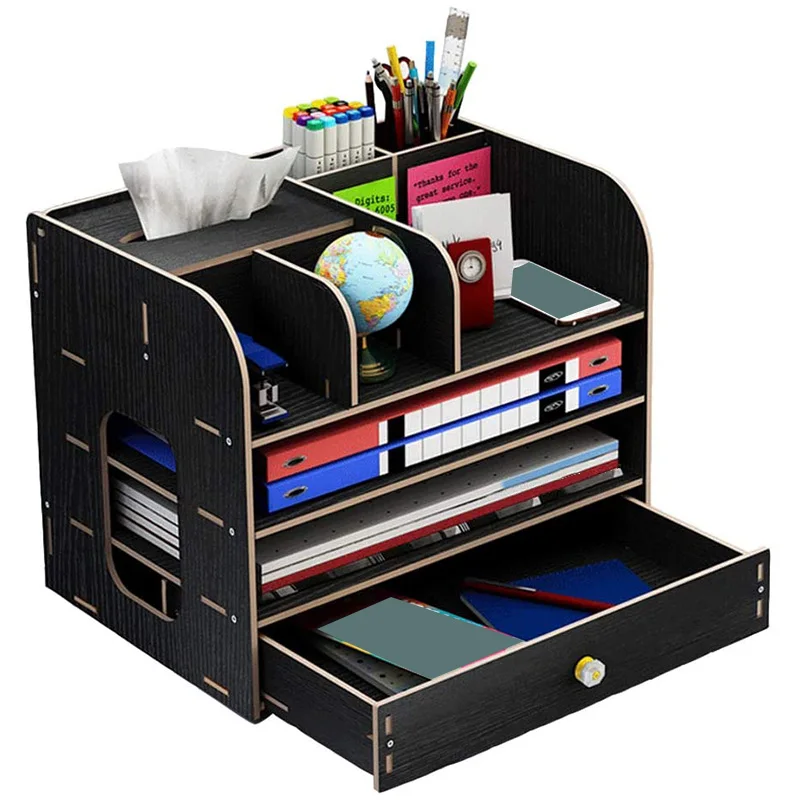 

Desk Organiser, Desktop Organizer Wooden with Drawer Pen Pencil Holder Storage Box for Desk Office (Black)