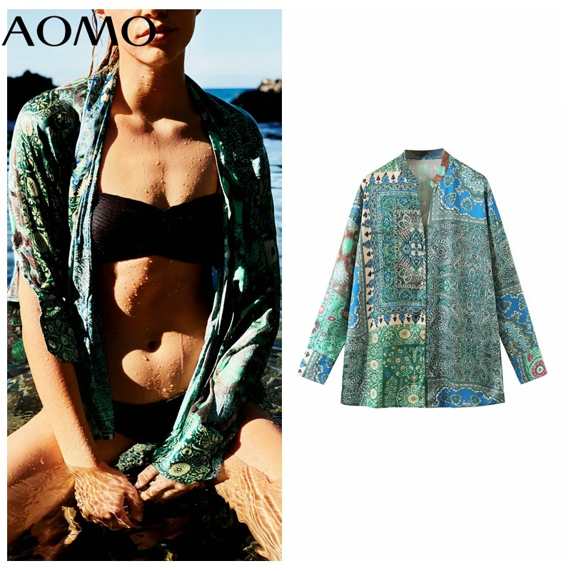 

AOMO Women Vintage Green Paisley Print Shirt Tops Long Sleeve 2021 Chic Female High Street Loose Shirt SL58A