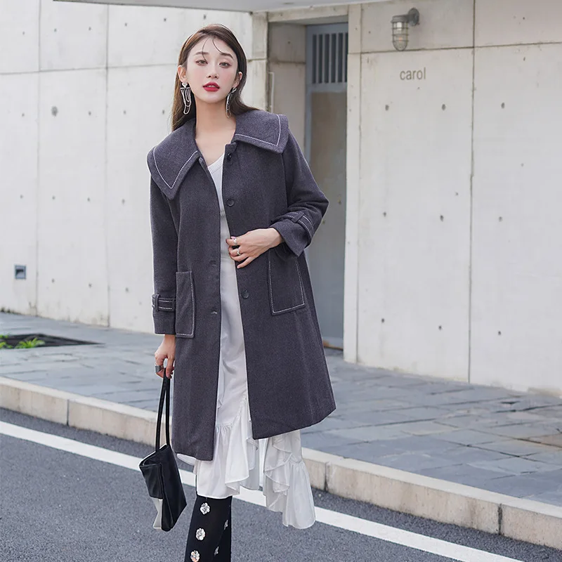 

New autumn and winter new loose navy collar thickened high-grade gray woolen coat urban casual single-breasted women's jacket
