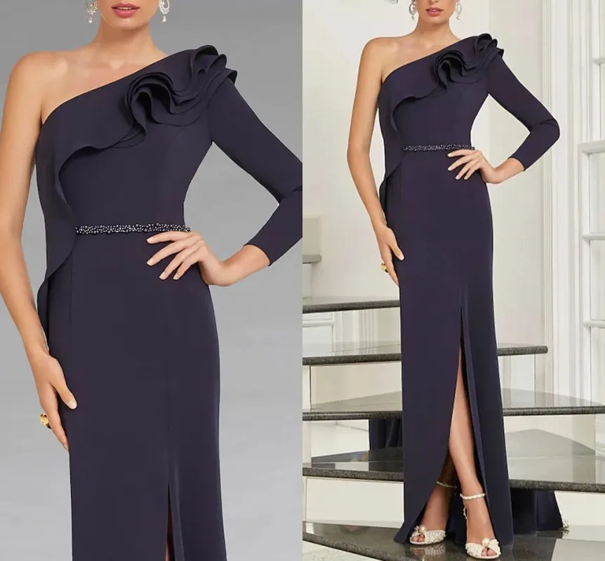 

Черные вечерние платья-русалки с оборками и разрезом, сексуальное платье на одно плечо, с длинным рукавом, в пол, для выпускного вечера, 2022