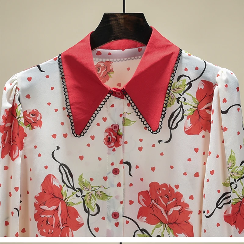 

2021 Spring Puff Sleeve Floral Print Chiffon Blouse Sweet Elegant Shirt Women Fashion Patchwork Tops