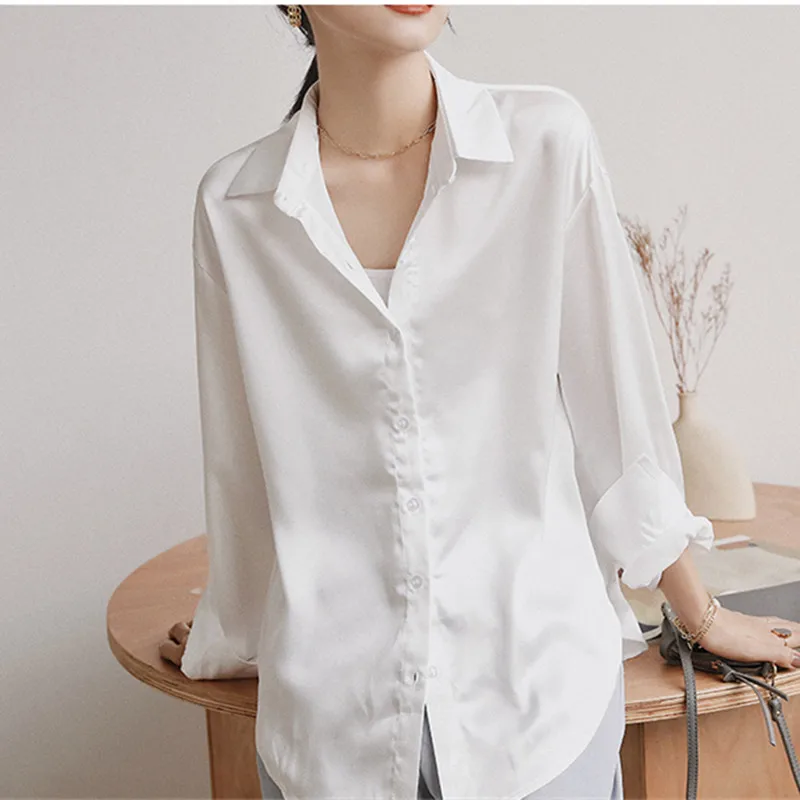 

OL Elegant Vintage Stain Shirt Women 2021 New Autumn Fashion Blouses Long Sleeve Lapel Loose Tops Woman Clothes Blusas