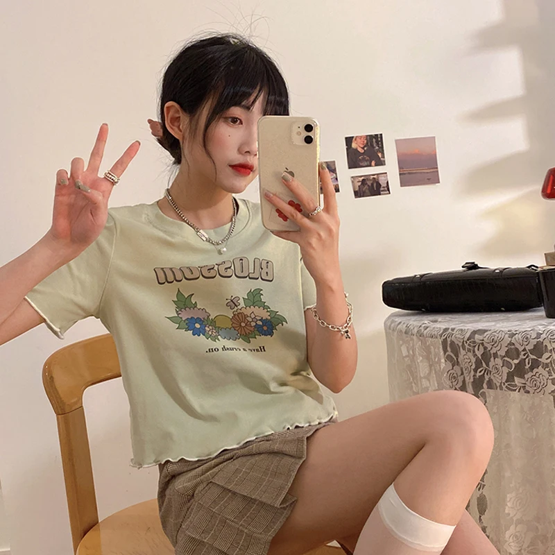 

2colors Korean style Women Basic slim Tshirts 2021 summer floral print Short Sleeve T-shirt Woman Summer Casual Tops (F4345)