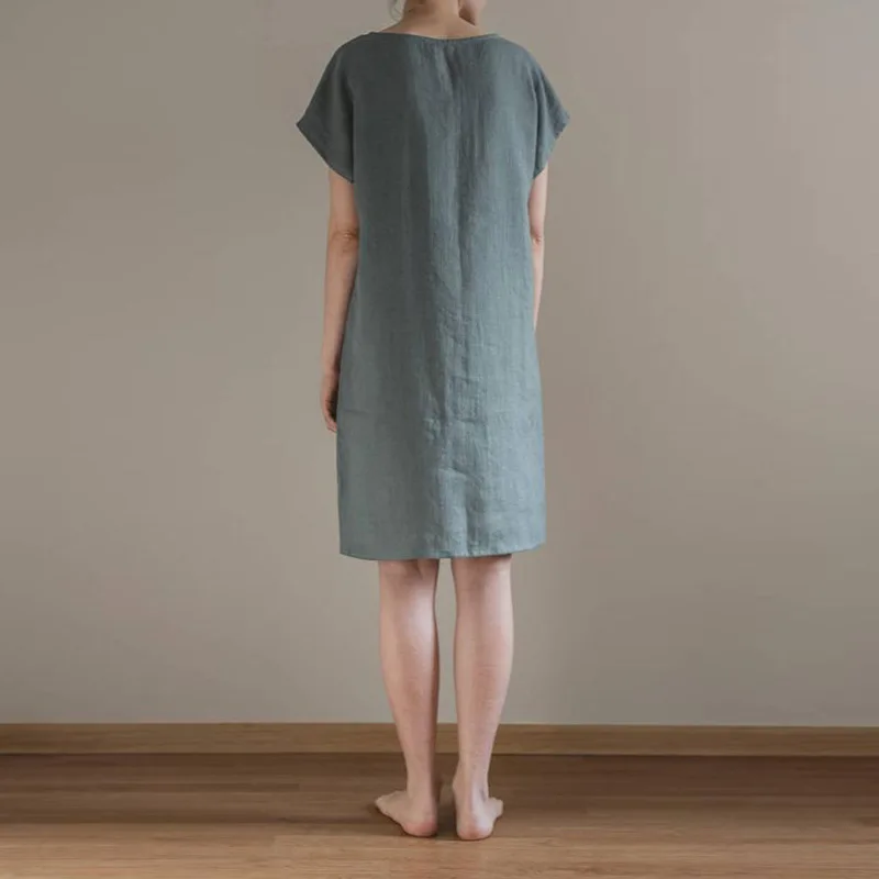 

Elegant Cotton Linen Midi Dress Women 2021 Summer Fashion Casual Short Sleeve Sundresses Lady Basic A-line Dresses 121541WLA