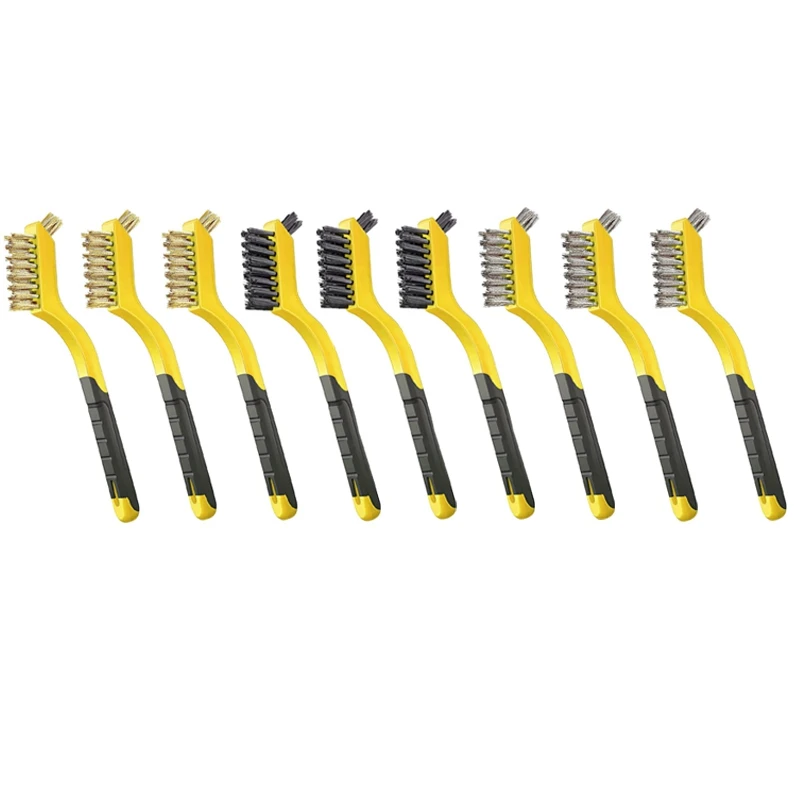 

9 шт.-щетинки из нейлона/латуни/нержавеющей стали с изогнутой ручкой для удаления ржавчины, грязи и краски с глубокой очисткой