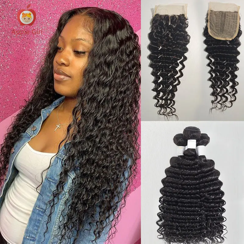 T-part Deep Wave Transparent Lace Closure With Bundles Human Hair 2 or 3 or 4 Bundles With Closure T-part Middle Part Lace