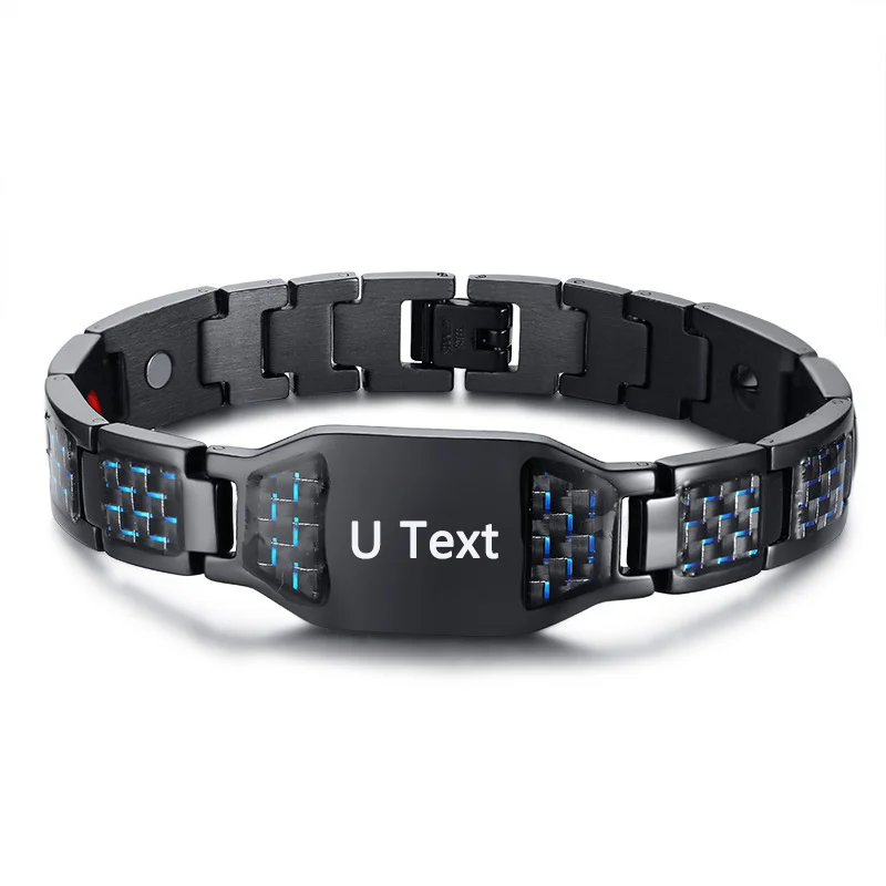 Новинка 2020, черный магнитный браслет для мужчин, нержавеющая сталь, ручная цепочка, масонский панк ID, браслеты из углеродного волокна, магнитные браслеты для здоровья