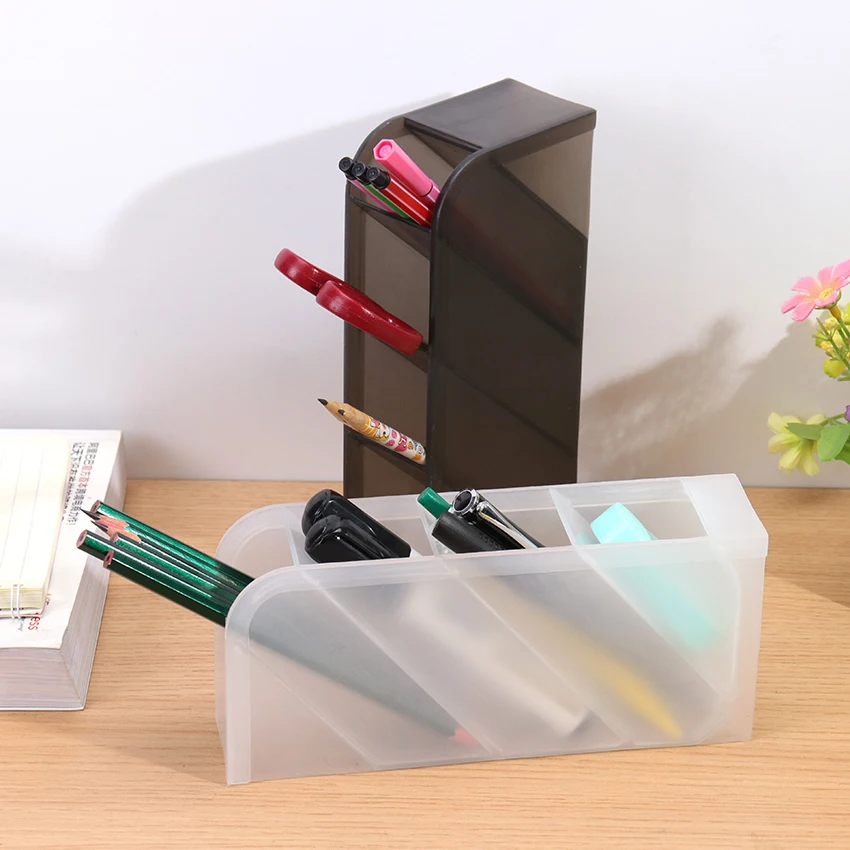 

1PC Creative Oblique Insert Pencil Pot Makeup Brush Holder Multi-Function 4 Grid Stationery Desk Tidy Container Office Supplies