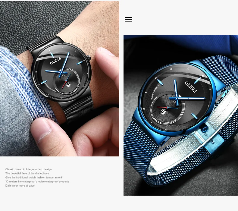 NEW OLEVS Watch Men Luxury Quartz Date Blue Dial Thin Top Brand Watches Sports Chronograph Mesh Belt Wrist Watch Man Clock
