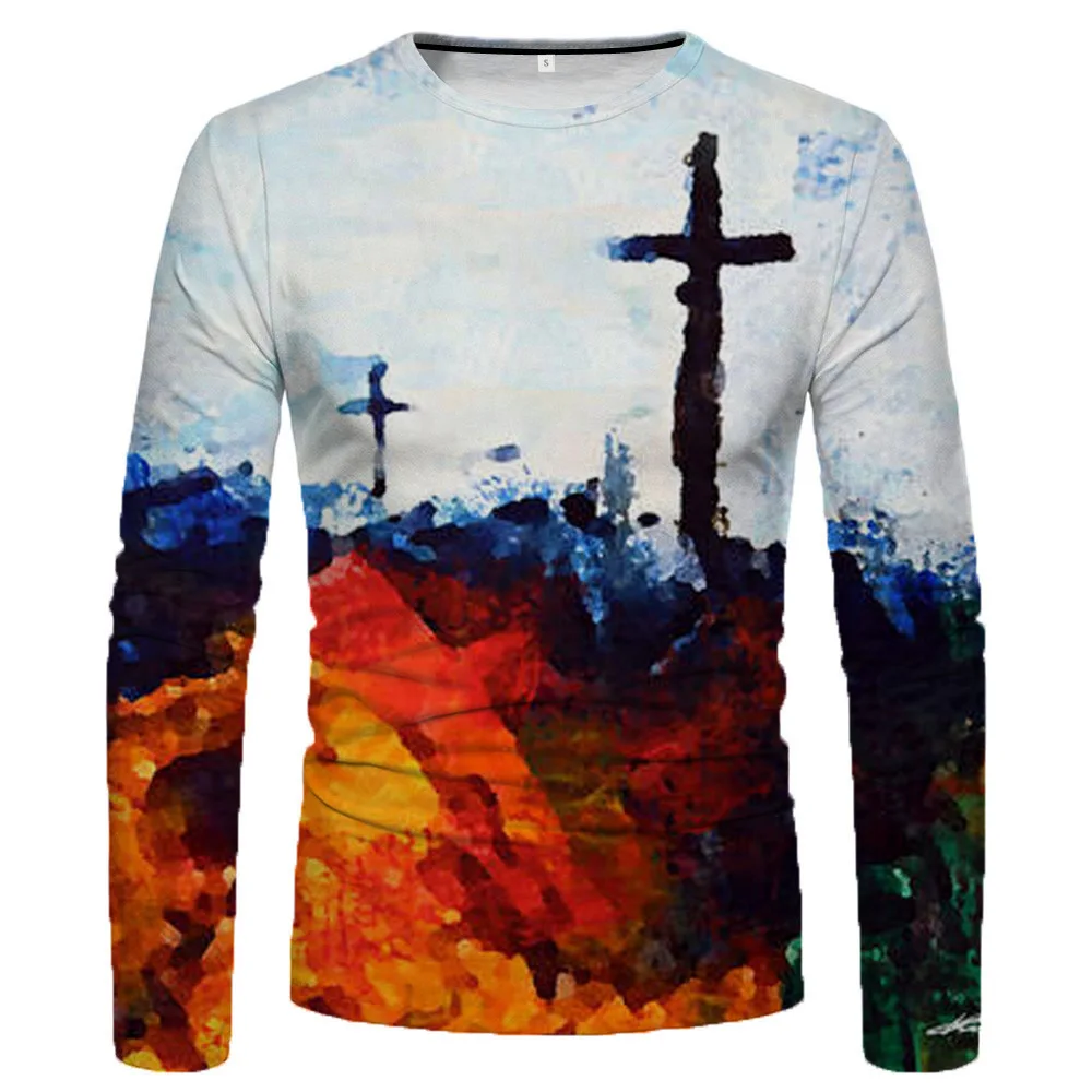 

Cross new fall 2021 Men's and Women's clothing loose round collar 3D printed long sleeve round collar oversized T-shirt