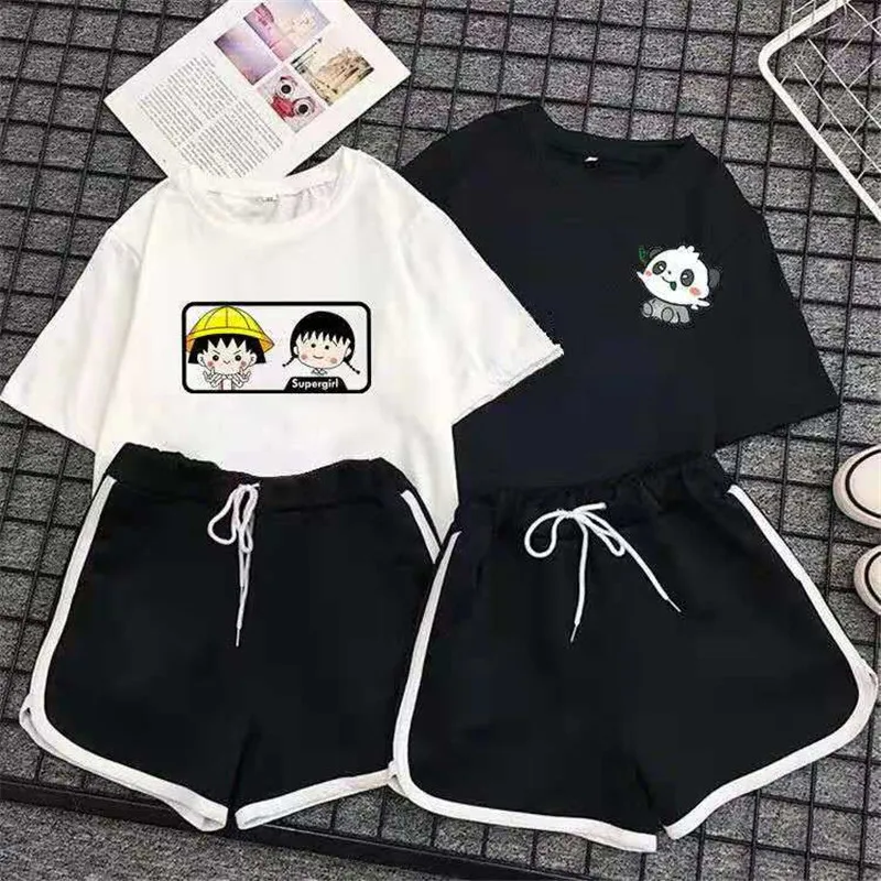 

5XL размера плюс женский спортивный костюм комплект из двух комплект одежды из 2 предметов с рисунком, футболки с принтом + шорты для бега трус...