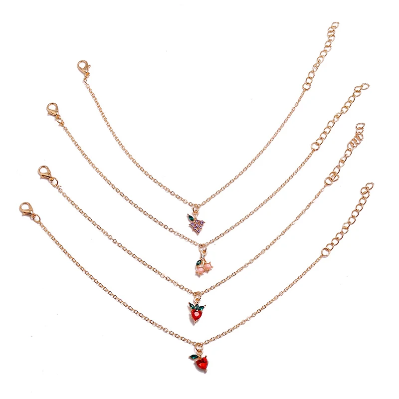 

4 Pcs/Set Sweet Crystal Fruit Grape Apple Strawberry Cherry Anklets Bracelet Simple Anklets for Women Fashion Jewelry Gifts