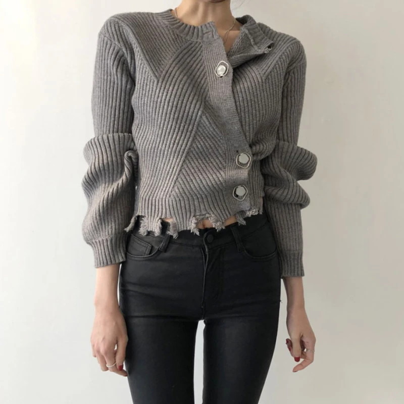 

2021 Spring Autumn Korean Round Collar Button Irregularly Broken Edge Long-sleeved Knitted Cardigan Sweater Girl