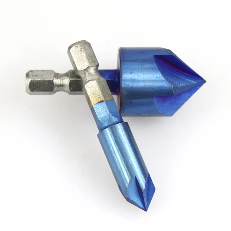 

A0KF 6pcs Countersink Drill Bit 1/4" Hex Shank 90 Degree Wood Chamfering Cutter 5 Flutes Blue Coated Chamfer Tool