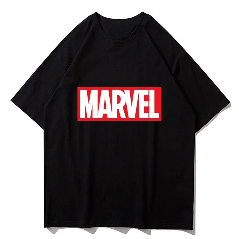 

Футболка мужская с принтом в виде надписи Marvel, топ с круглым вырезом, футболка черного и белого цветов с коротким рукавом, на лето